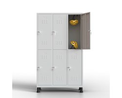 Metalen lockerkast 6 deuren, lockerkast met sleutel, grijs, 180 x 97 x 40 cm, draaideurkast voor kleedkamer of kantoor, TwinThink