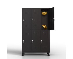 Metalen lockerkast 6 deuren, lockerkast met sleutel, zwart, 180 x 97 x 40 cm, draaideurkast voor kleedkamer of kantoor, TwinThink