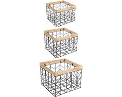 Metalen mand BOHAI set van 3 zwarte - verschillende maten, stevige opbergmand met houten frame, stapelbaar, voor badkamer, garderobe, berging. Ideaal als voorraadkast - hoofdafbeelding