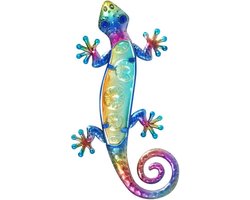 Metalen Muurdecoratie Hagedis - Kleurrijke Gecko - Tuin en Huis - Handgemaakt Metaal - 30x14x1 cm - Multicolor
