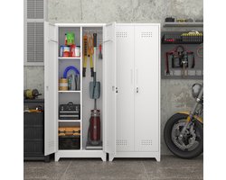 Metalen Opbergkast - Afsluitbare Dubbele Deuren Met Verstelbare Planken - Voor Garage En Wasruimte - Wit Metaal - 60x40x165 Cm
