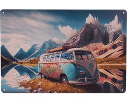 Metalen Plaatje - Retro Camper Lichtblauw Bergen & Bergmeer - 20x30cm