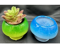 Metalen planten / kaarsen houder "champignon model" - Set van 2 stuks - groen + blauw - hoogte 8 x 7 x 6 cm - Woonaccessoires - Tuinaccessoires - Tuindecoraties