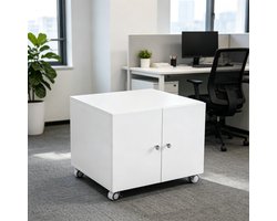 Metalen printerkast op wieltjes met deur en verstelbare legplanken compact opbergmeubel voor documenten thuiskantoor wit afmeting 60x60x45 cm organiseert papier en printerapparatuur zonder rommel op bureau