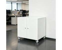 Metalen printerkast op wieltjes met deur en verstelbare legplanken compact opbergmeubel voor documenten thuiskantoor wit afmeting 60x60x60 cm organiseert papier en printerapparatuur zonder rommel op bureau