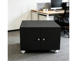 Metalen printerkast op wieltjes met deur en verstelbare legplanken compact opbergmeubel voor documenten thuiskantoor zwart afmeting 60x60x45 cm organiseert papier en printerapparatuur zonder rommel op bureau