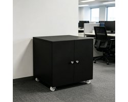 Metalen printerkast op wieltjes met deur en verstelbare legplanken compact opbergmeubel voor documenten thuiskantoor zwart afmeting 60x60x60 cm organiseert papier en printerapparatuur zonder rommel op bureau