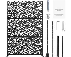 Metalen Privacyscherm, 119,4 cm B x 183,9 cm H, Vrijstaande Scheidingswand voor Buiten met Staander, Decoratief 3-Delig Stalen Privacyhek, Zwart