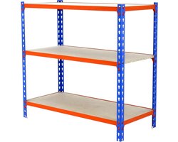 Metalen rek - Opslagunit - Opbergen van spullen - Schroefloze montage - 90x90x40 cm - Blauw/oranje/hout