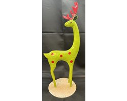 Metalen rendier op standaard - Kerst rendier - groen + rood en glitters - hoogte 28 x 13 x 10 cm - metaal - Kerstdecoratie - Woonaccessoires - Woondecoratie