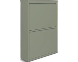 Metalen Schoenenkast 2-Deurs Mat Olijf-Groen – Smalle Schoenenkast 50 x 15 x 71 cm – Ruimtebesparend Schoenenrek & Opbergsysteem – Moderne Hal Schoenenopberger – Olijf Groen