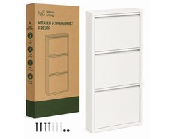 Metalen Schoenenkast 3-Deurs Mat Wit – Smalle Schoenenkast 108 x 17 x 51,5 cm – Ruimtebesparend Schoenenrek & Opbergsysteem – Moderne Hal & Gang Schoenenopberger – Mat Wit