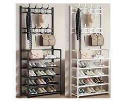 Metalen Schoenenrek met Kapstok & 8 Haken – Multifunctionele Hal Organizer met Opbergplanken voor Schoenen, Tassen en Jassen – Modern Entree Rek