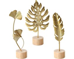 Metalen sculptuur van Ginkgo bladeren - Set van 3 decoratieve bladsculpturen voor woonkamer en slaapkamer, moderne gouden tafeldecoratie en interieuraccessoire