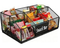 Metalen snack organizer keuken met 6 vakken – zwarte opbergmand voor snacks, dranken, snoep – voorraadmand als snackbar voor thuis, kantoor, feest, woonkamer
