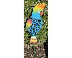 Metalen solarlamp op tuinsteker "blauwe papegaai" - meerkleurig - met glazen sier stenen - tuinsteker - hoogte 72 x 18 x 2 cm - Tuindecoratie - Tuinverlichting