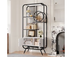 Metalen stellingkast van 80 x 30 x 180 cm, witte opbergkast met dubbele deuren, driedelige schappen, zwarte metalen schappen, hoge metalen poten, ronde decoratieve elementen, zwart-wit kleurenschema,ladekast