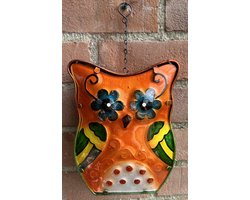 Metalen (tuin) decoratie theelicht houder met glazen uil - oranje + meerkleurig - excl. theelicht - hoogte incl. ketting 30 x 17 x 8 cm - Woonaccessoires - Tuinaccesoires