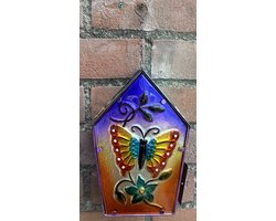 Metalen (tuin) decoratie theelicht houder met glazen vlinder "huisje" - meerkleurig - excl. theelicht - hoogte incl. ketting 36 x 18 x 9 cm - Woonaccessoires - Tuinaccesoires