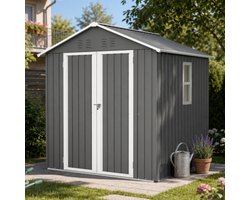 Metalen Tuinhuis 185 x 182 x 191 cm – Tuinschuur met Zadeldak, Raam en Ventilatie – Waterbestendig en Sneeuwbestendig – Incl. Slot, Handschoenen en Grondankers