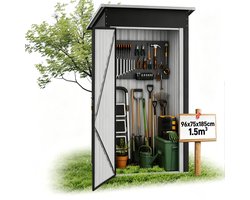 Metalen tuinhuis - staal buitenopslag - zwart - schuifdeur - weerbestendig - 96 × 75 × 185 cm - tuinberging - gereedschap opslag - duurzame buitenkast