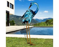 Metalen Tuinkraan Sculptuur - Blauwe Reiger - Decoratie voor Tuin en Vijver