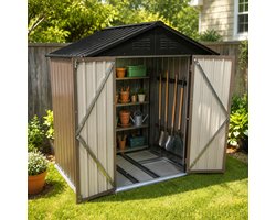 Metalen tuinschuur 6x4 ft met puntdak bruin-zwart - Buitenopslag - Ingebouwd vloerframe - 1,95 m² oppervlakte - Weerbestendig - Eenvoudige montage