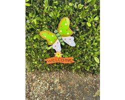 Metalen tuinsteker " vlinder + welcome " - groen & paars + meerkleurig - hoogte 80 x 25 x 27 cm - Tuinaccessoires - Tuindecoratie - Tuinstekers