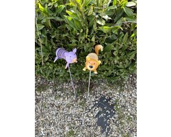 Metalen tuinstekers " varken en hond" - Set van 2 stuks - paars+ bruin - metalen veer - hoogte 50 x 8 x 15 cm - Tuinaccessoires - Tuindecoratie - Tuinstekers