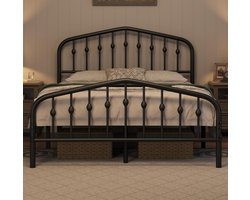 Metalen Tweepersoonsbed 140x200 - Stevig Bedframe met Vintage Hoofdeinde - Piepvrij Stalen Bed met Lattenbodem - Industrieel Bedframe voor Slaapkamer - Zwart Tweepersoonsbed Metaal