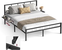Metalen tweepersoonsbedframe – Opbergplanken – 206,5 x 140,5 x 87 cm – Inktzwart