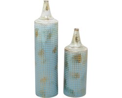 Metalen Vaas Set - Decoratieve Vazen - Binnen Decoratie - Set van Twee - Groot en Klein - Blauw Goud