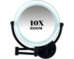 Metalen verlichte wand knik arm make-up LED Spiegel Mat zwart, Dubbelzijdig verlicht, 10x vergroting 22cm doorsnee, inculsief 4x AA batterijen en stroomkabel(USB)