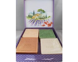 Metalen vierkant zeep blik Vue Provence met 4 zachte palmolievrije zepen honing-lavendel-aloe vera-sheaboter- Vintage voorraadblik - Franse handzeep - Marseille zeep Marseillezeep