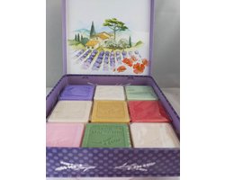 Metalen vierkant zeep blik Vue Provence met 9 gastenzeepjes - Vintage voorraadblik - Franse handzeep - Marseille zeep Marseillezeep