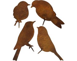 Metalen vogels decoratie voor tuin en omheining - Set van 4 - Tuinsteker ornament met roestige uitstraling