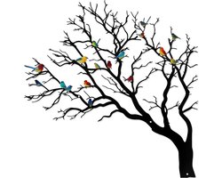 Metalen vogels op tak muurdecoratie 47cm | Levensboom silhouet sculptuur voor binnen en buiten | Unieke wandkunst voor woonkamer, slaapkamer en tuin