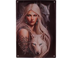 Metalen Wandbord 3D Relief - Mystic Elf/Fee Blauwe Ogen met Witte & Grijze Wolf Fantasy - Homedeco - 28x40,5cm