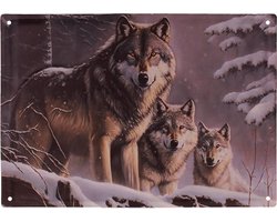 Metalen Wandbord 3D Relief - Wolven in Besneeuwd Bos - Homedeco - 40,5x28cm