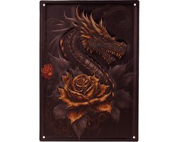 Metalen Wandbord 3D Relief - Zwart & Goudkleur Chinese Draak en Rozen Fantasy - Homedeco - 28x40,5cm