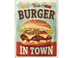 Metalen Wandbord Best Burger in Town Hamburger - 30 x 40 cm - Reliëf