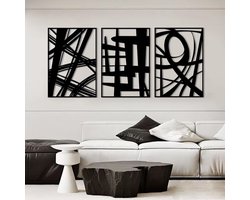 Metalen Wanddecoratie - Abstract Kunst - Woonkamer Decoratie - 3 Delig Set - 40x28 cm - Zwart