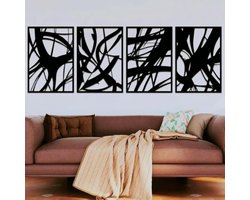 Metalen Wanddecoratie Abstract Lijndesign – Voor Woonkamer en Slaapkamer – Set van 4 – Zwart Metaal