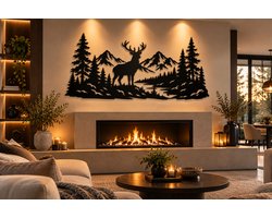 Metalen Wanddecoratie Hert – Zwarte 3D Muurdecoratie – Bergen, Bomen en Natuur – Wandkunst