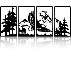 Metalen wanddecoratie natuurthema - rustieke stijl - set van 4 - zwart - metaal - 111x43 cm