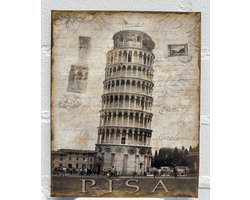 Metalen wanddecoratie "Postkaart Pisa"- meerkleurig - hoogte 25 x 20 x 1 cm - Woonaccessoires - Decoratieve hangers