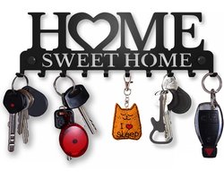 Metalen Wanddecoratie Sleutelhouder - Opbergplanken - Met Tekst "Home Sweet Home" - 10 Haken - Handig Apparaat - Geen punch nodig - Vintage Design - Zwart
