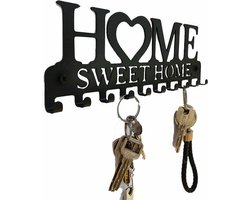 Metalen Wanddecoratie Sleutelrek - 10 Haken - Met Tekst "Home Sweet Home" - Vintage Design - Zwart