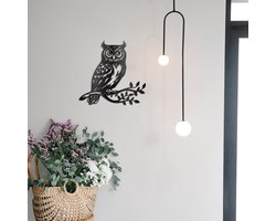 Metalen Wanddecoratie Uil op Tak Silhouet Sculptuur voor Thuis, Tuin en Kantoor - Unieke Wandversiering met Bladeren en Vogelmotief
