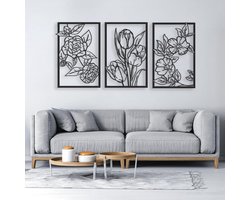 Metalen wanddecoratie voor huis en kantoor - Set van 3 - Zwarte bloemen design - Muur ornamenten voor woonkamer, slaapkamer en keuken